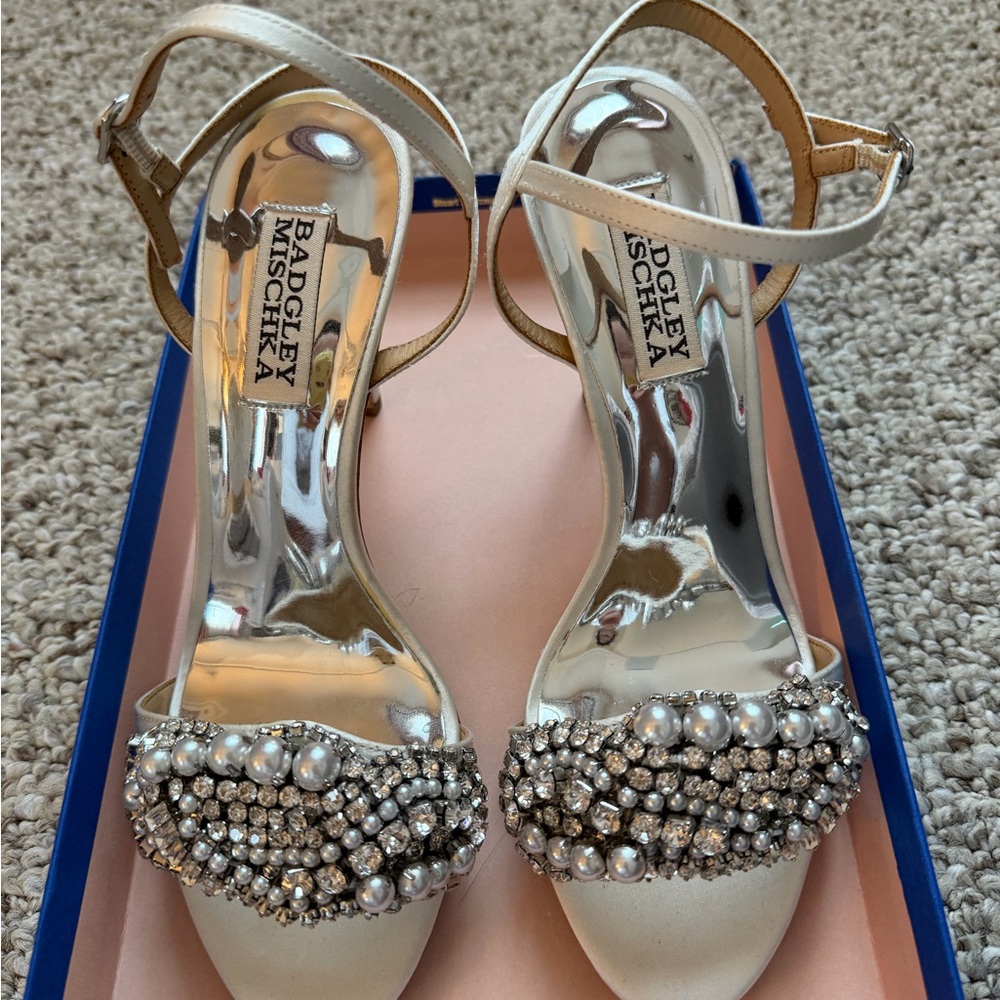 Badgley Mischka Odelia White Crystal & Pearl Embellished Open-Toe Heels - Picture 8 of 13